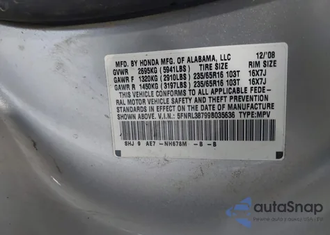 2009 Honda Odyssey Ex-L из США, поврежденный, VIN 5FNRL38799B035636